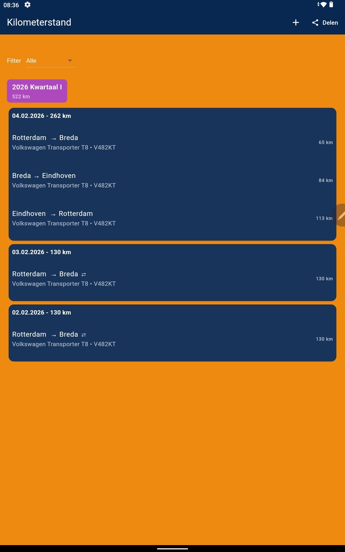 QuickBoek mileage screen